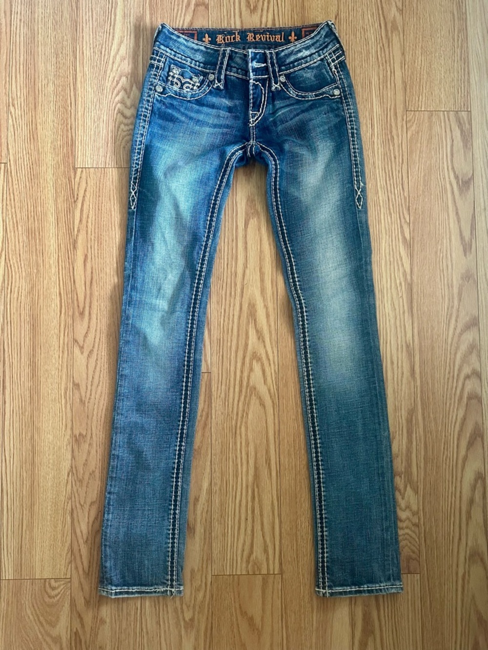 Rock Revival Women's Distressed Blue Skinny Jeans with Contrast Stitching